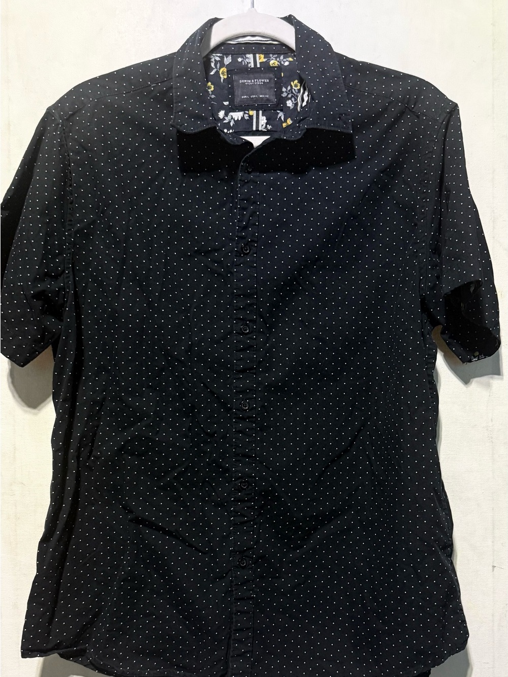 Denim & Flower Black Short-Sleeve Button-Down with White Microdots